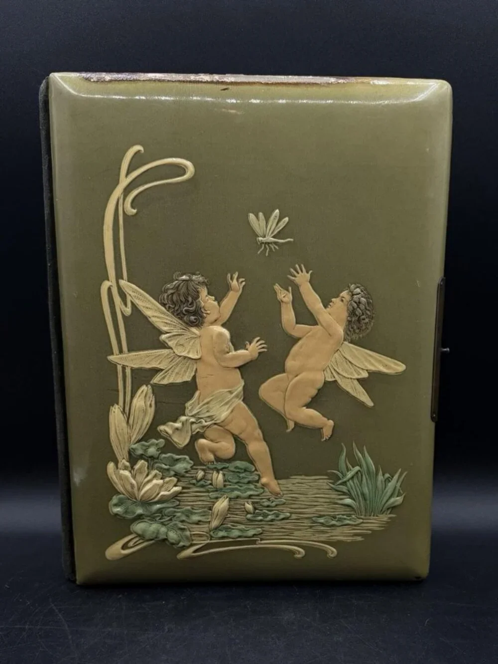 Victorian Green Celluloid Cherubs Dragonfly Photo Album Antique No Latch READ